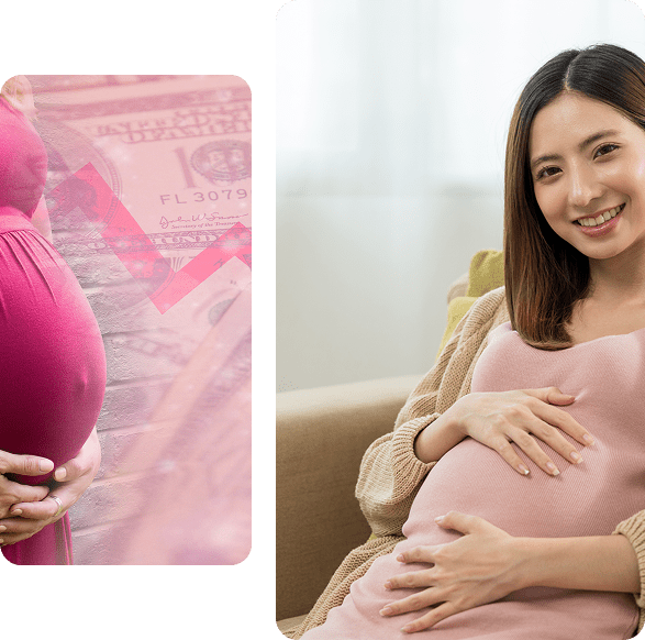 Pregnant woman smiling on a couch.