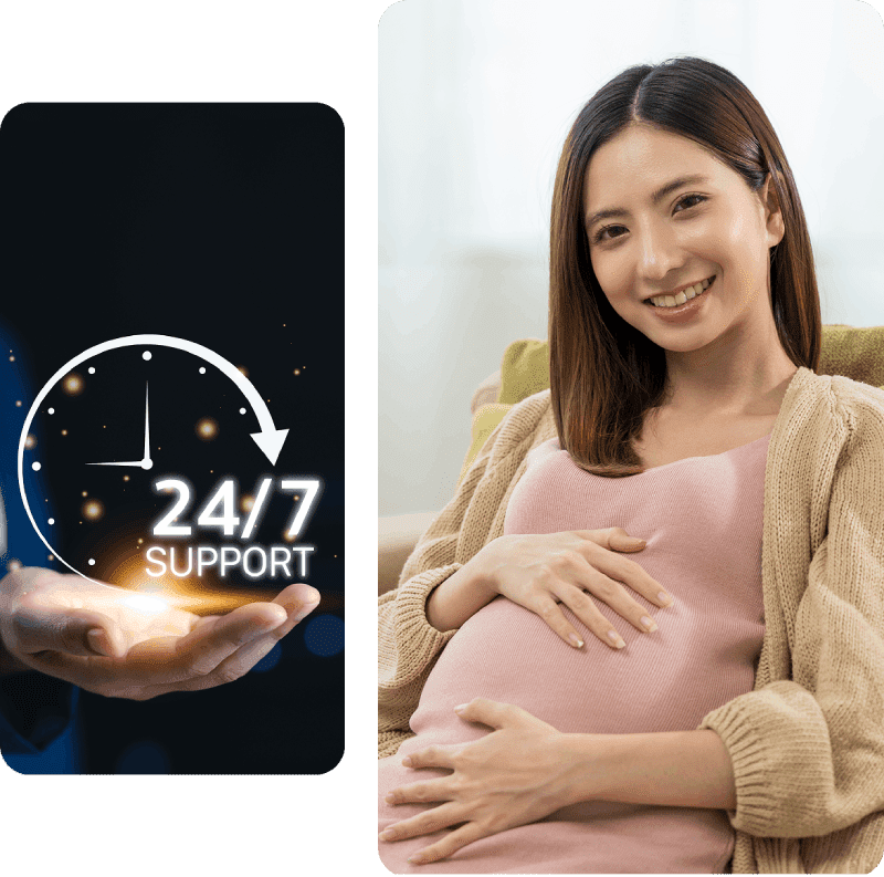 Pregnant woman smiling, 24/7 support graphic.