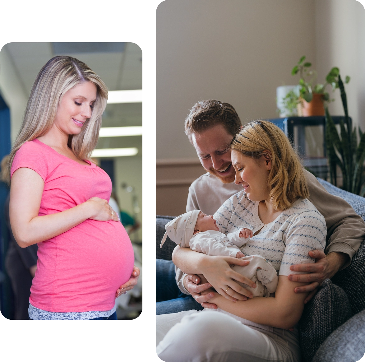 Pregnant woman and family with newborn baby.