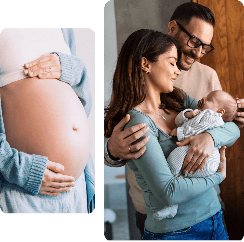 Pregnant belly and couple with newborn baby.