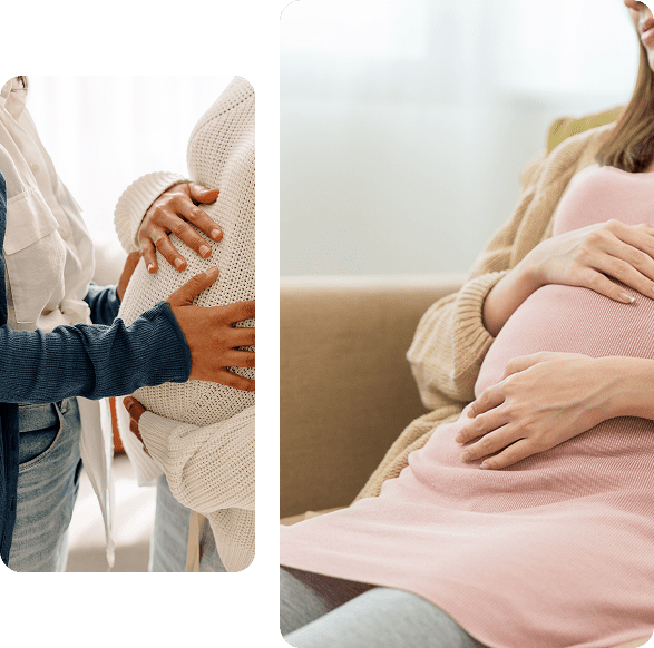 People comforting pregnant woman on couch.
